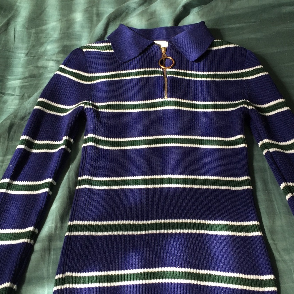 Blue white and green long sleeve shirt